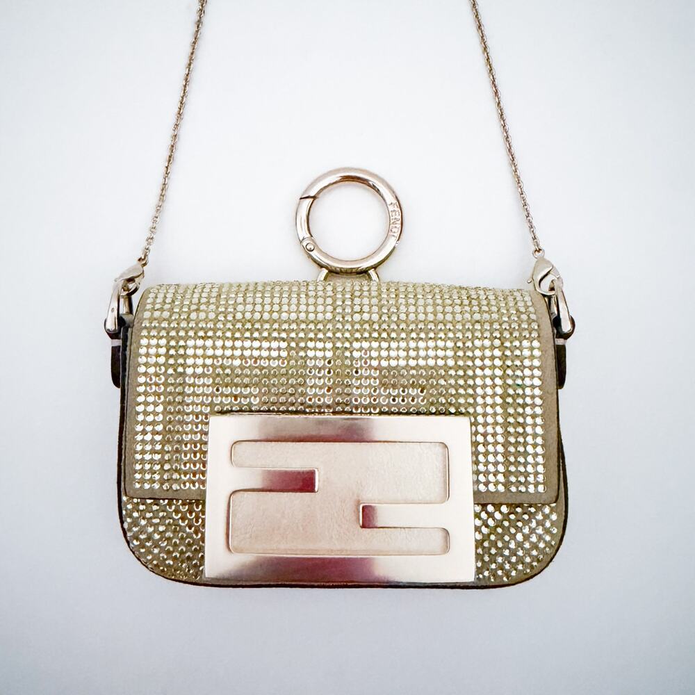 Fendi Crystal Vitello Laminato FF Nano Maxi Buckle Baguette Charm Light Gold - Picture 8 of 16
